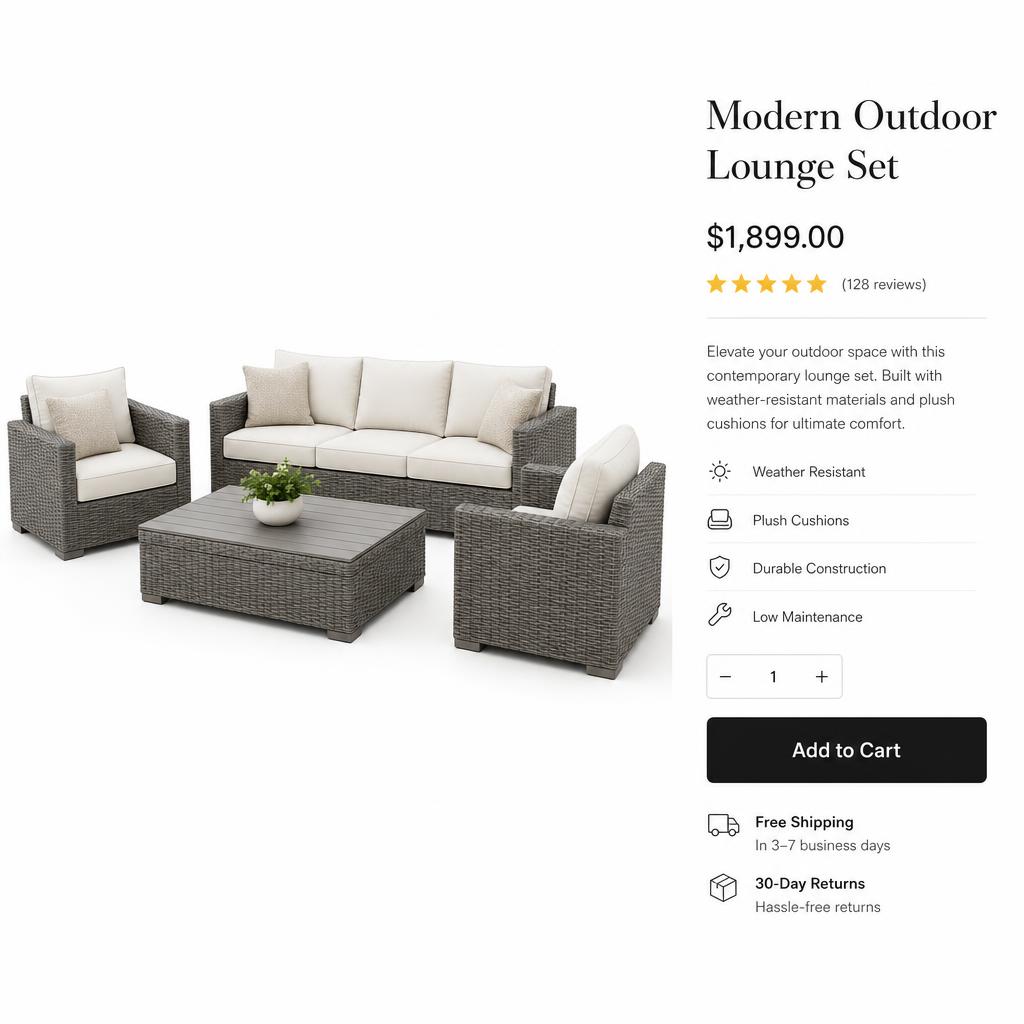 Ecommerce product page showing an outdoor lounge set